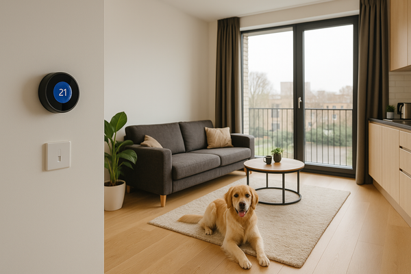 Smart rental apartment interior with pet-friendly design and natural light